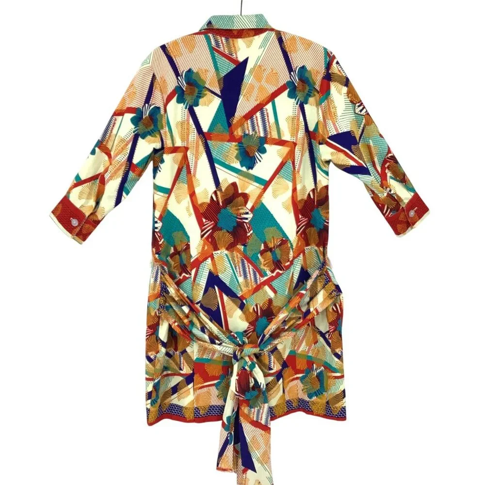 Short Shirt Dress Bold Tropical Print 3/4 Sleeves Button Front Tie Back XL Tiki - Picture 2 of 6